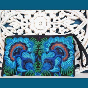 NWT Luxury Embroidered Clutch Blue Lotus Design Wrist Strap Zipper Closure